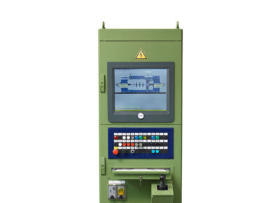 Dusky green older straightening press control station with outdated display ideal for industrial retrofitting and conversion
