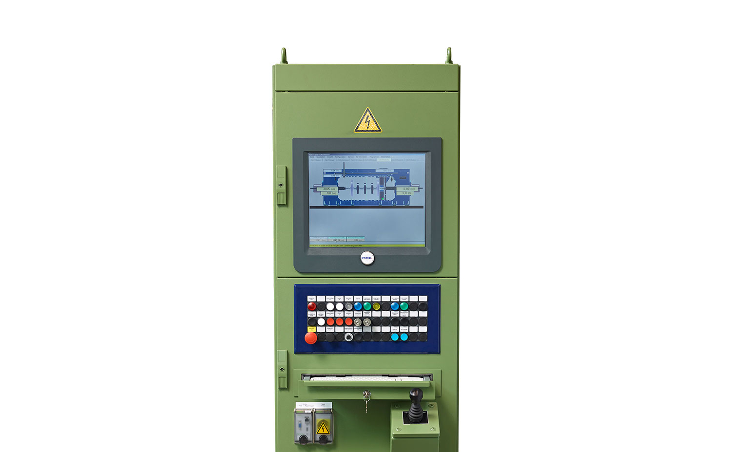 Dusky green older straightening press control station with outdated display ideal for industrial retrofitting and conversion
